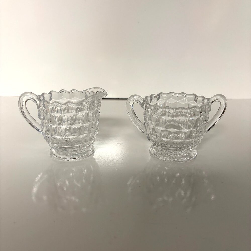 Vintage Clear Glass Creamer and Sugar Bowl Set Honeycomb Design Small